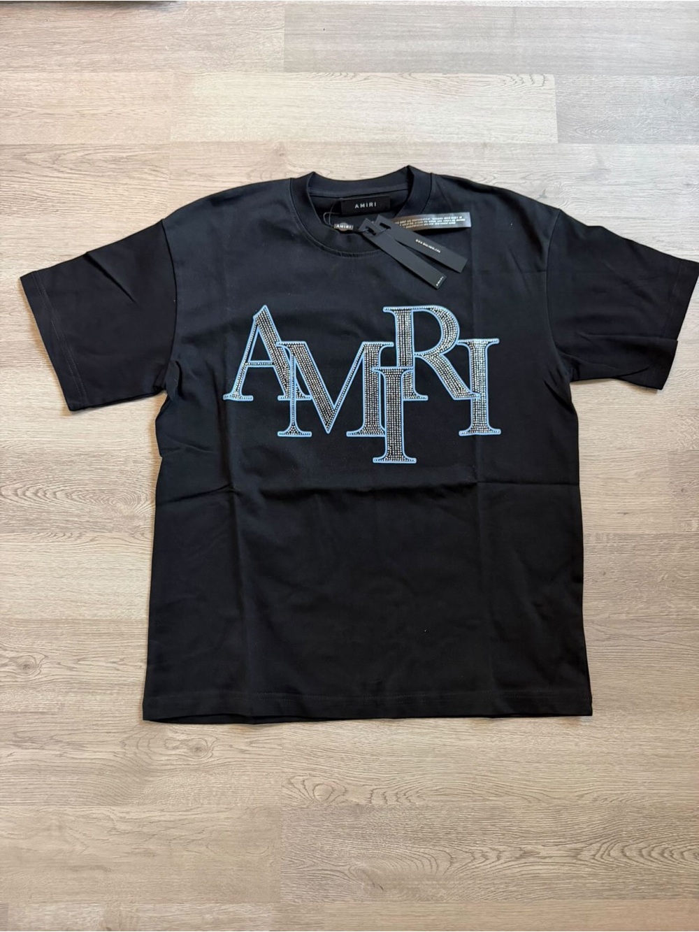 AMIRI Black Short Sleeve Tee with Blue Outlined Logo